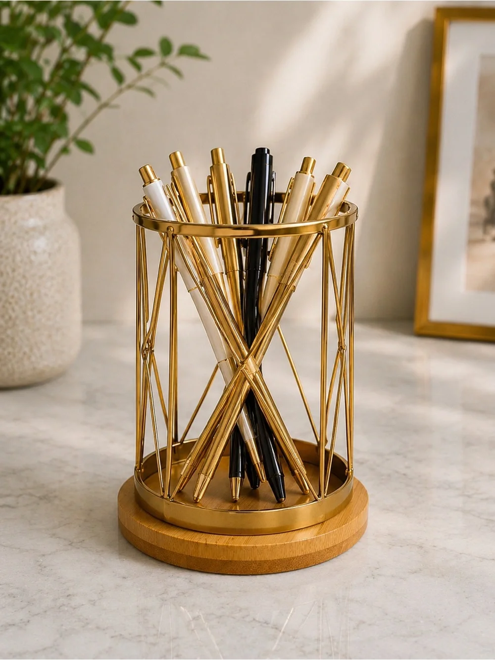 Gold Metal & Bamboo Desk Organizer Set – Modern Office Accessories